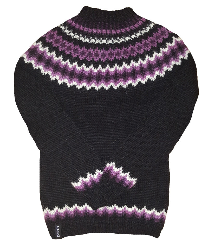 Wool Sweater pullover - Black with white and purple - Álafoss - Since 1896